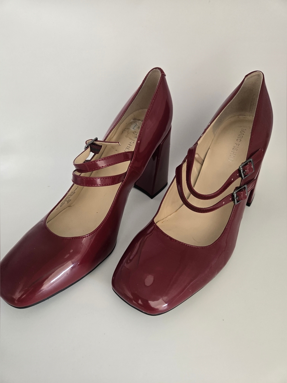Marc Fisher Red Patent Mary Jane Heels Block Heel 9.5M Double Strap